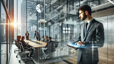 Dall e 2024 09 24 14.15.19 a dynamic business office environment showing a professional analyzing complex project diagrams and data on a large transparent screen. in the backgro