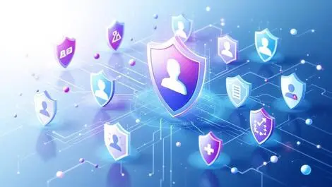 Interconnected digital shields protecting personal data icons unified identity