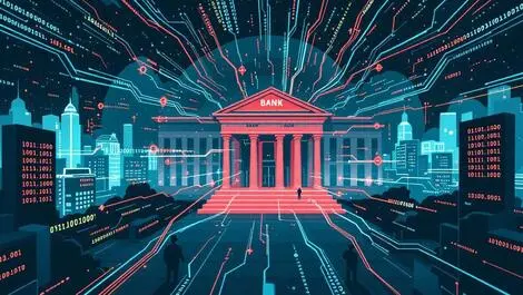 Large bank building southeast asia overwhelmed by binary code cyber attack illustration