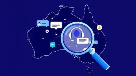 Magnifying glass examining customer support icons headsets chat bubbles australia map outline