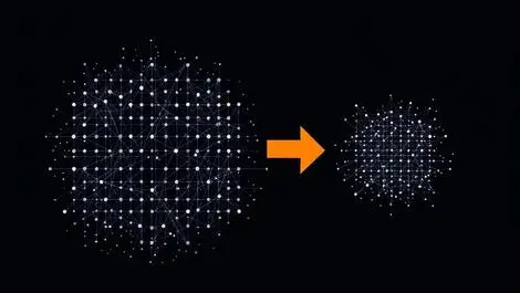 Illustration large neural network being compressed into smaller efficient ai