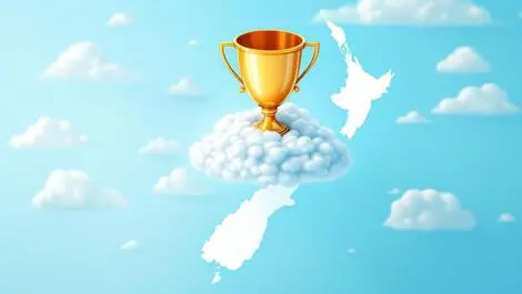 Golden trophy on cloud over new zealand map cloud technology achievement