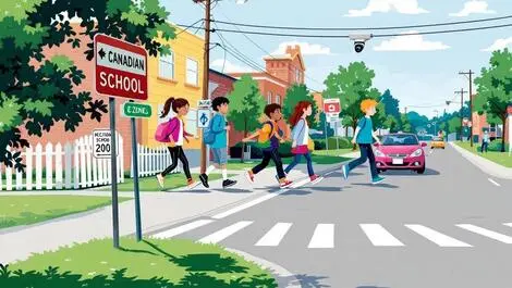 Canadian school zone children crossing street camera system daylight