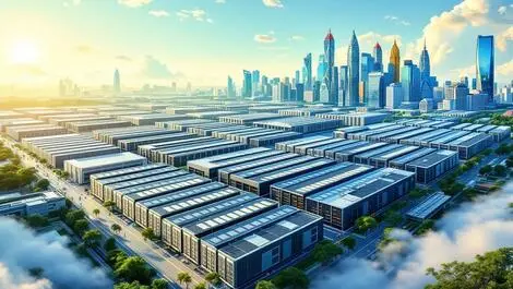 Realistic illustration modern data centers cooling units server buildings asia pacific skylines