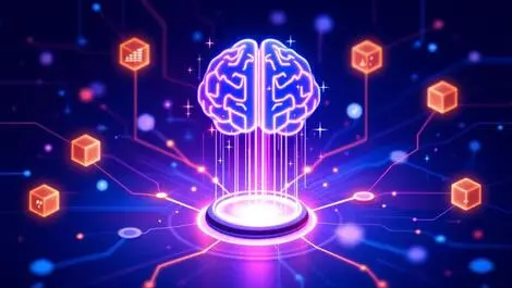 Interconnected data nodes filtered by ai brain icon data integration intelligent processing