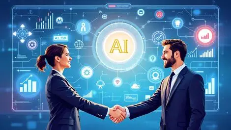 Business professionals shaking hands ai integration corporate acquisition illustration