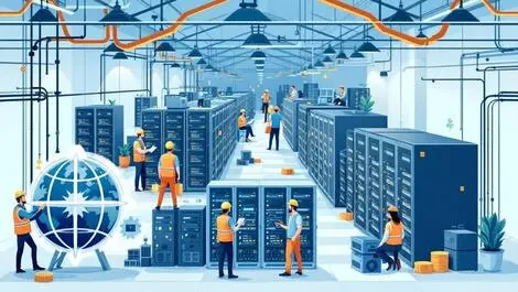 Modern data center interior server racks cooling staff inspection reliable infrastructure sustainability