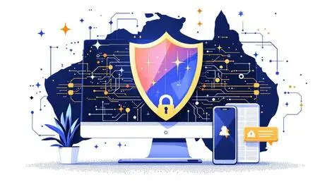 Shield protecting computer smartphone digital security australia map