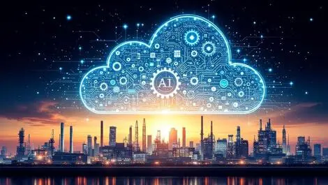Digital cloud interconnected gears circuit factory skyline ai cloud solutions