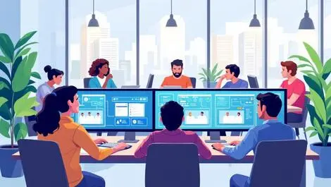 People collaborating around computers in modern office engaged with virtual network security training