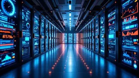 Modern data center with interconnected servers and ai models integration