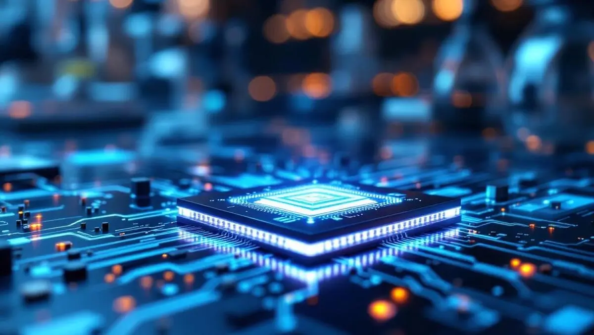 Detailed illustration sleek thin photonic chip intricate circuitry glowing