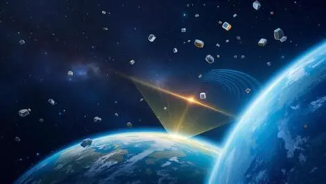 Earth radar system tracking orbiting space debris emitting waves upward
