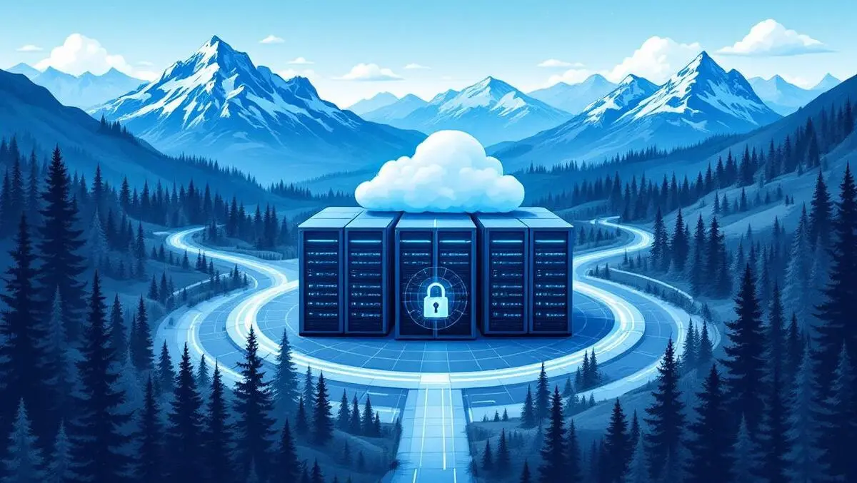 Realistic illustration secure data center canadian landscape mountains forests cloud security