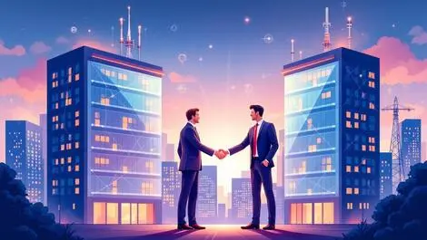 Uk telecom corporate acquisition buildings merging handshake network cityscape