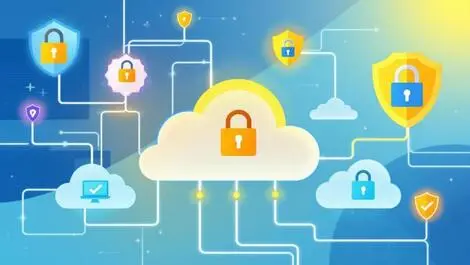 Secure office network interconnected computers cloud padlocks shield cybersecurity
