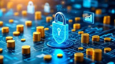 Realistic computer network digital locks shields gold coins financial graphs cybersecurity risk quantification