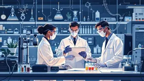Scientists in lab coats using automated laboratory equipment for life sciences