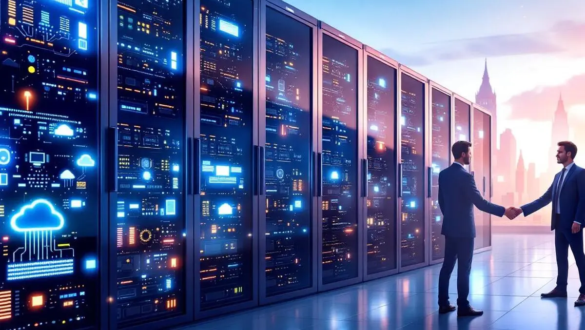 Detailed illustration data centers glowing servers businessmen handshake