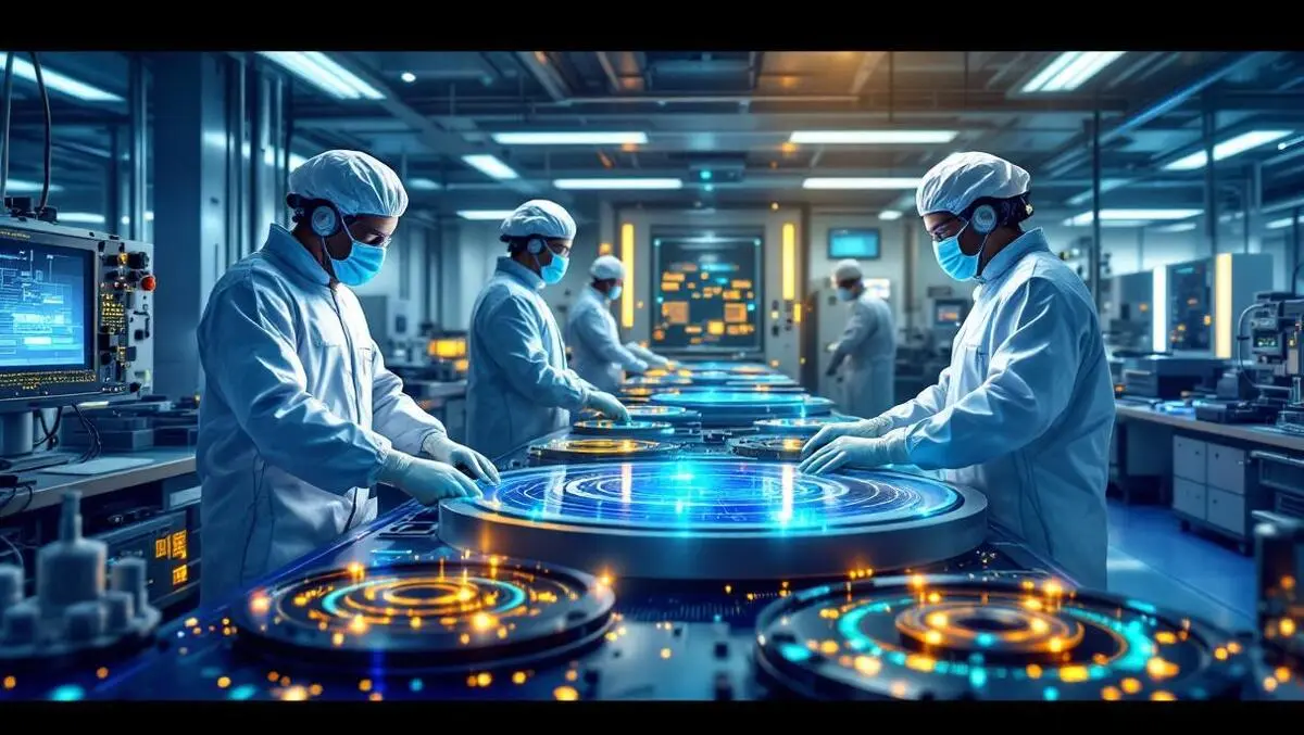 Detailed illustration cleanroom engineers examining silicon wafers photonic chips