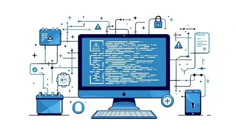 Computer screen code warning symbols padlocks software security risks
