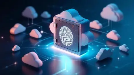 Realistic secure digital vault cloud symbols glowing biometric fingerprint scanner
