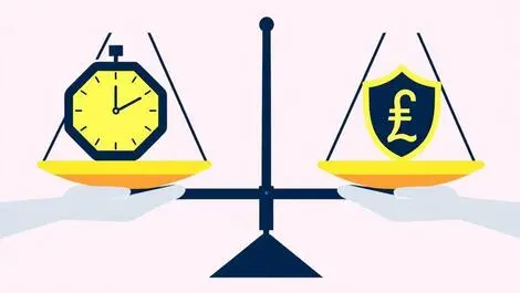 Two hands holding scales balancing clock and pound shield pension tradeoff