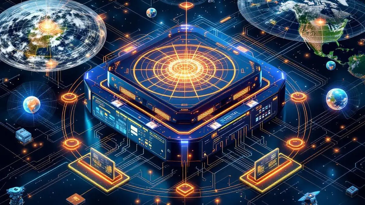 Sleek quantum computer glowing connections military radar satellite north american defense