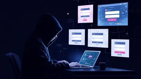 Hooded cybercriminal creating fake login websites on laptop dark theme