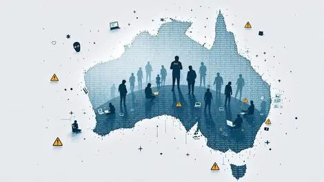 Australian map digital data cybercrime shadowy figures warning icons tech threats
