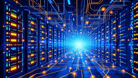 Modern data center rows servers glowing network cables ai analytics