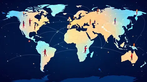 World map global business partnerships connected nodes shaking hands