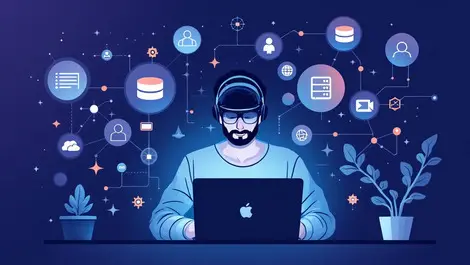 Developer laptop database icons interconnected vector nodes ai search tech