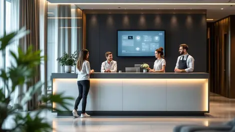 Modern stylish hotel lobby reception desk happy guests assistance digital screens