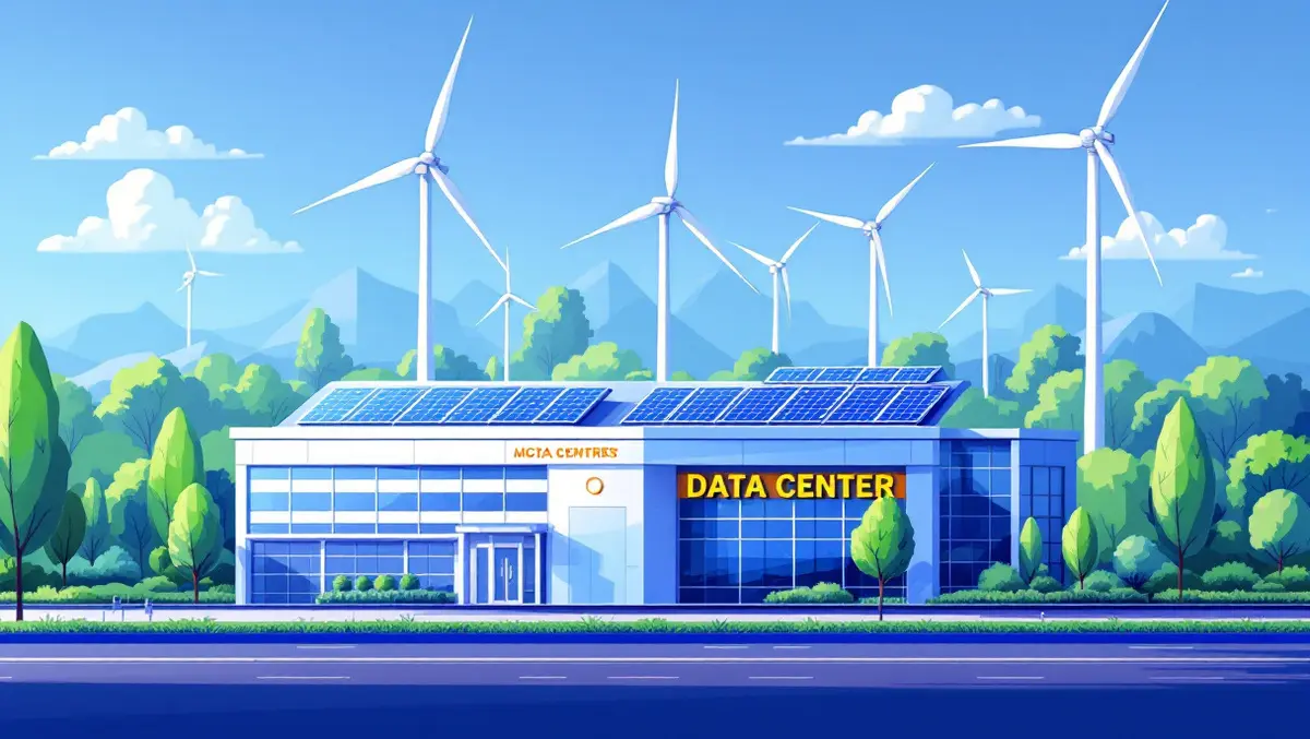 Modern data center building solar panels wind turbines greenery clean environment
