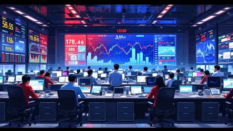 Realistic illustration modern financial trading room taiwan stock market monitors fast moving data