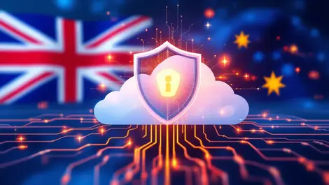Secure digital shield cloud network cables australian flag cybersecurity ai protection
