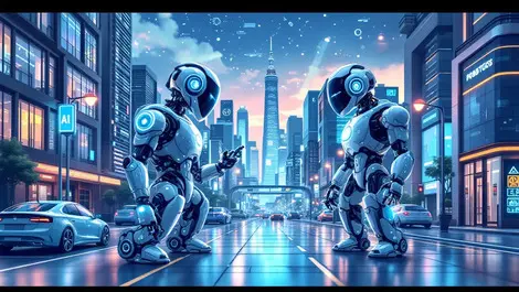 Illustration innovative robots urban environment advanced robotics ai smart cities