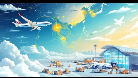 Cargo airplane flying over asia map with flight paths and airport activity