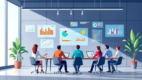 Modern office collaboration digital dashboards data charts ai business decision making