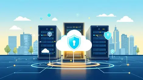 Secure modern data center cloud icons shield network australian cityscape