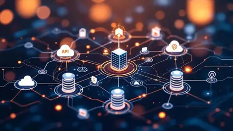 Modern illustration interconnected digital nodes dynamic network agile api management cloud integration