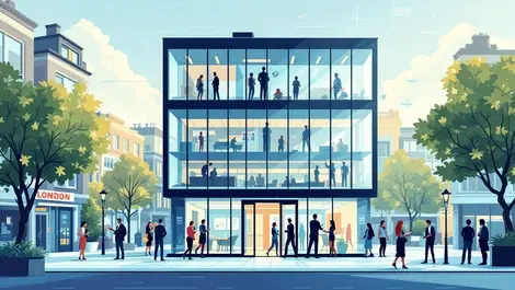 Modern london office building people collaborating digital technology elements