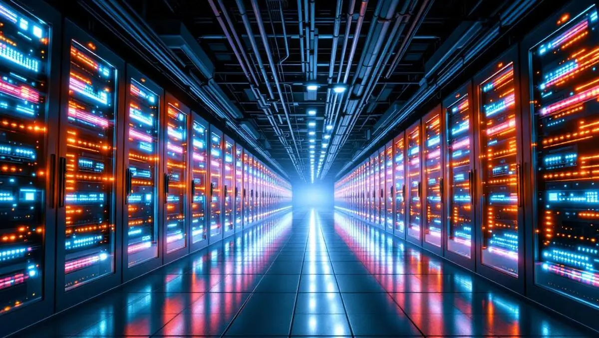 Modern AI data center with AMD GPU servers and liquid cooling technology