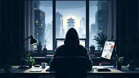 Darkened office hoodie figure computer cybercrime asian architecture window
