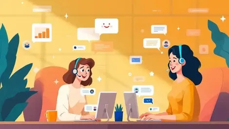 Cheerful customer service agents ai powered chatbot support modern office