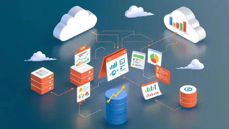 Illustration interconnected cloud servers streaming data into analytical tables multicloud environment