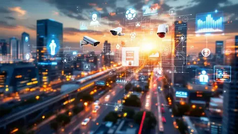 Realistic security cameras monitoring modern cityscape with data automation