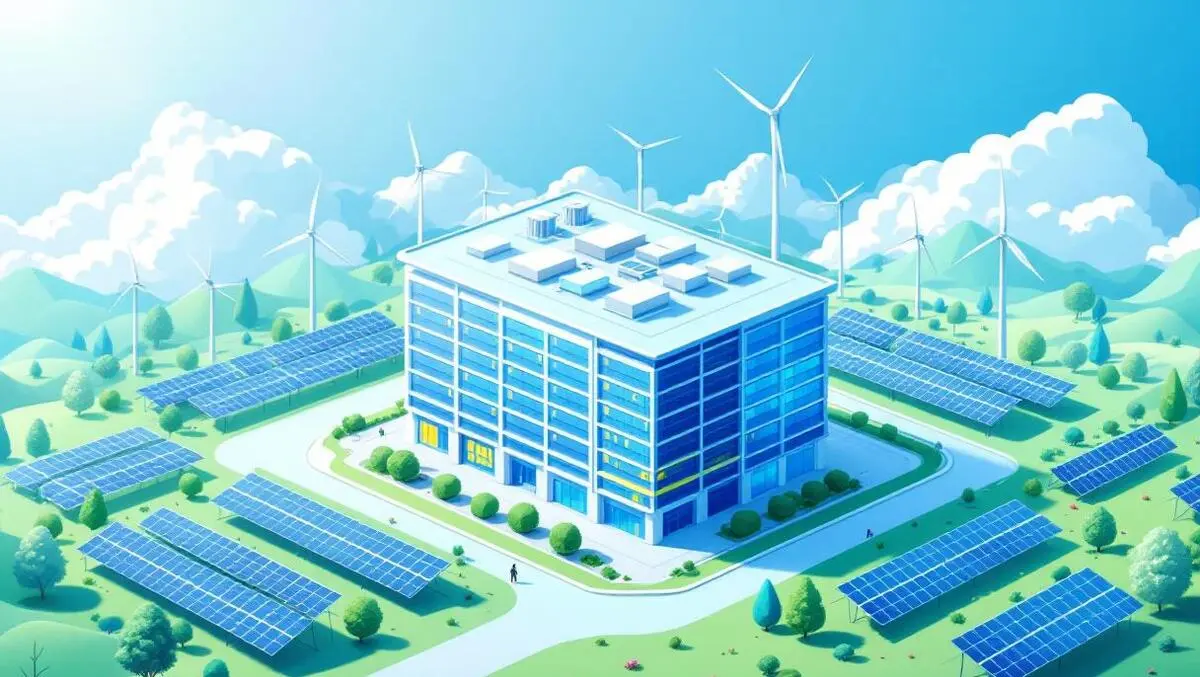 Modern data center surrounded by solar panels wind turbines eco cooling