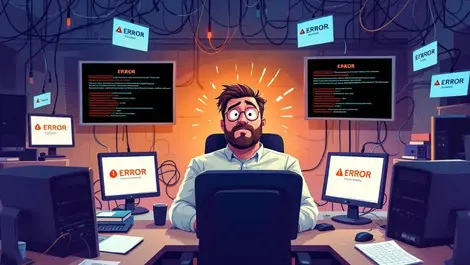 Frustrated uk retail manager surrounded by malfunctioning computers wires error messages